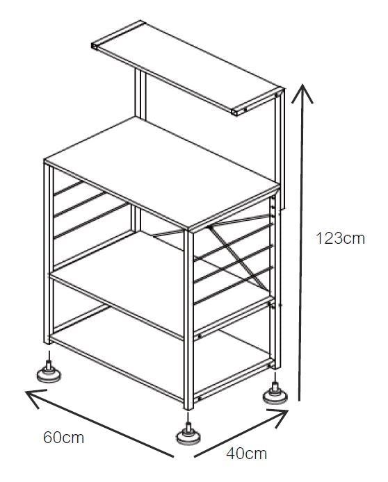 Banco Cucina Hamilton con 3 Ripiani e Mensola, Legno Naturale e Metallo Nero, Stile Industriale, 60x40x123 cm