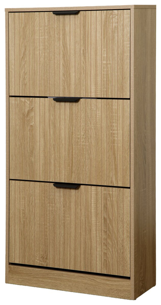 Scarpiera 3 Ante Effetto Legno Rovere Oak Cannettato, Mobile Porta Scarpe Salvaspazio, Design Moderno ed Elegante