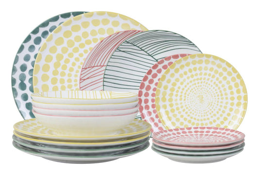 Servizio Piatti Arkos 18 Pezzi in Porcellana, Colori Assortiti, Set Tavola per 6 Persone, Design Moderno e Colorato per Cucina e Sala da Pranzo
