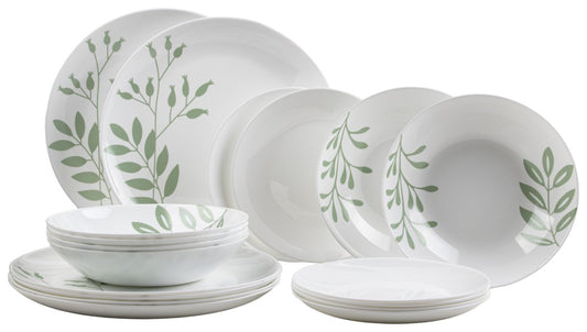 Servizio Piatti Dely Verde 18 Pezzi in Vetro Opale Bianco, Set Tavola per 6 Persone, Design Moderno ed Elegante con Decorazioni Verdi per Cucina e Sala da Pranzo