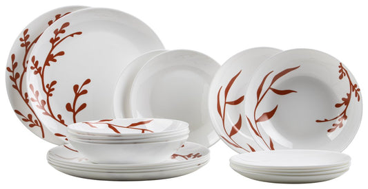 Servizio Piatti Dely Brown 18 Pezzi in Vetro Opale Bianco, Set Tavola per 6 Persone, Decorazioni Marroni, Design Moderno ed Elegante per Cucina e Sala da Pranzo