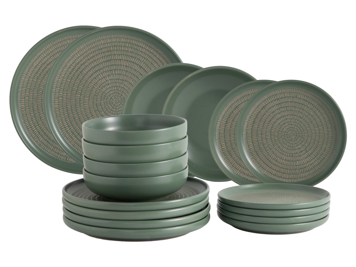 Servizio Piatti Sand 18 Pezzi in Stoneware Verde Green, Set Tavola in Gres Ceramico per 6 Persone, Design Moderno ed Elegante