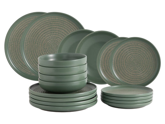 Servizio Piatti Sand 18 Pezzi in Stoneware Verde Green, Set Tavola in Gres Ceramico per 6 Persone, Design Moderno ed Elegante