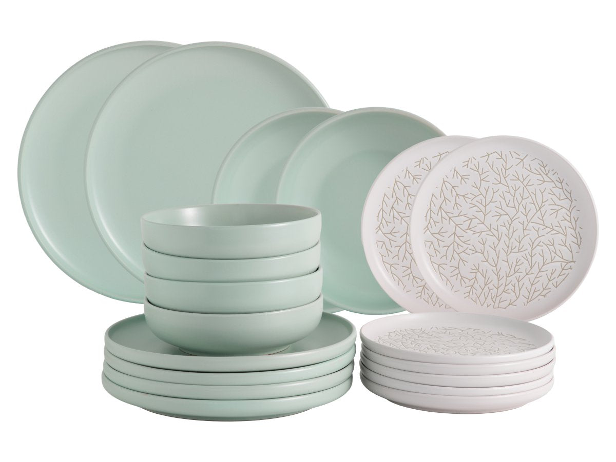 Servizio Piatti Blom 18 Pezzi in Stoneware Color Salvia, Set Tavola in Gres Ceramico per 6 Persone, Design Moderno ed Elegante