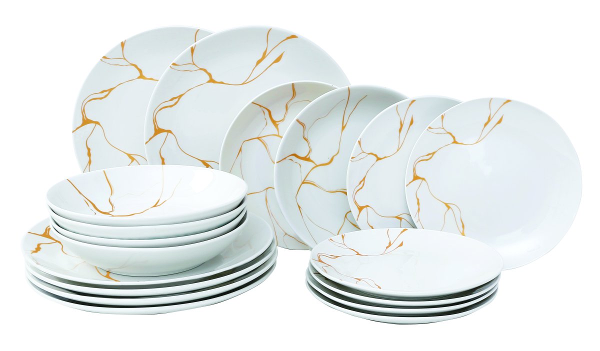 Servizio Piatti Filigrana 18 Pezzi in Porcellana Effetto Oro, Set Tavola per 6 Persone, Design Elegante e Raffinato per Cucina e Sala da Pranzo