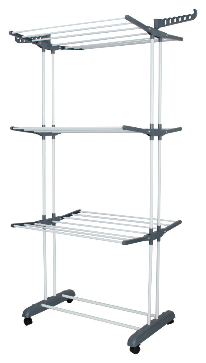 Stendibiancheria Rodrigo a 3 Piani in Metallo Bianco e Grigio, Stendino Verticale Salvaspazio per Interni ed Esterni, Dimensioni 64x74x170 cm, Profondità Estensibile fino a 120 cm