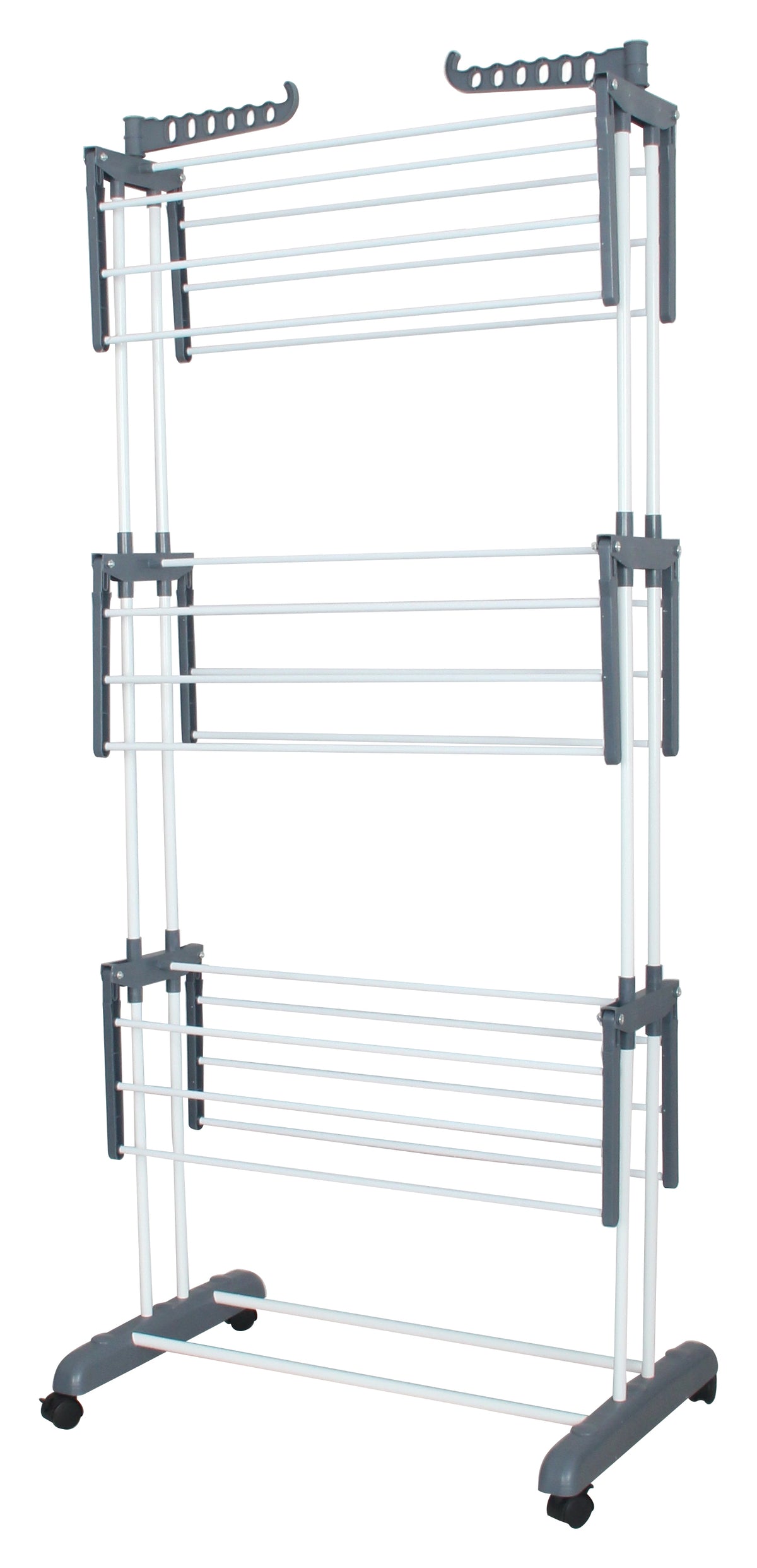 Stendibiancheria Rodrigo a 3 Piani in Metallo Bianco e Grigio, Stendino Verticale Salvaspazio per Interni ed Esterni, Dimensioni 64x74x170 cm, Profondità Estensibile fino a 120 cm