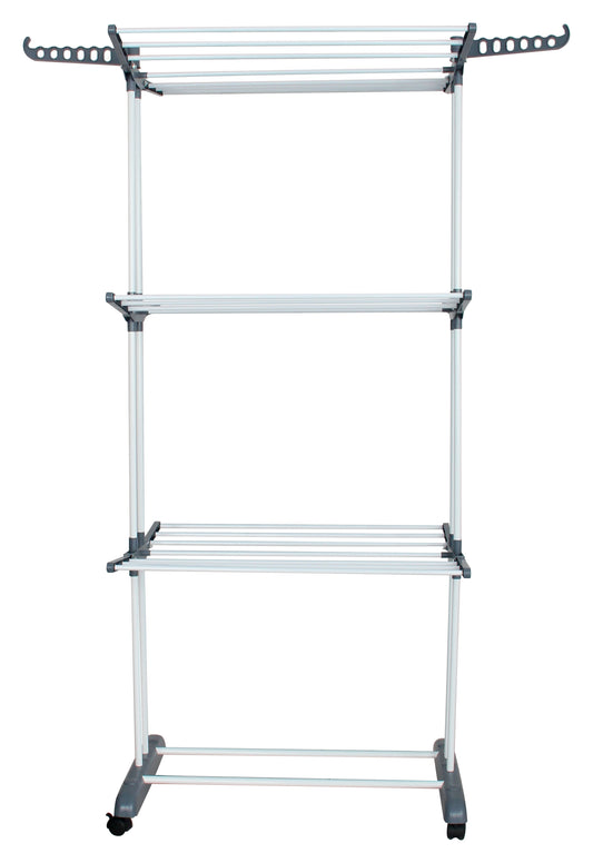 Stendibiancheria Rodrigo a 3 Piani in Metallo Bianco e Grigio, Stendino Verticale Salvaspazio per Interni ed Esterni, Dimensioni 64x74x170 cm, Profondità Estensibile fino a 120 cm