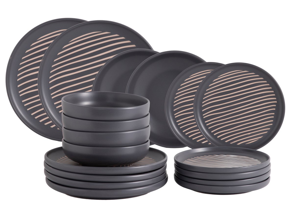 Servizio Piatti Skal 18 Pezzi in Stoneware Grigio, Set Tavola in Gres Ceramico per 6 Persone, Design Moderno ed Elegante per Cucina e Sala da Pranzo