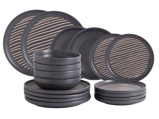 Servizio Piatti Skal 18 Pezzi in Stoneware Grigio, Set Tavola in Gres Ceramico per 6 Persone, Design Moderno ed Elegante per Cucina e Sala da Pranzo