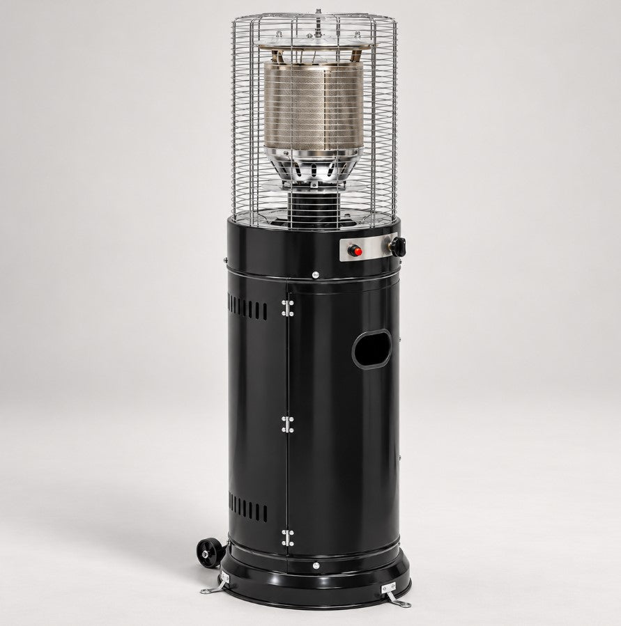 Stufa a Gas a Colonna 10 kW per Esterno, Altezza 138 cm, Bruciatore in Acciaio, Accensione ODS, Nero