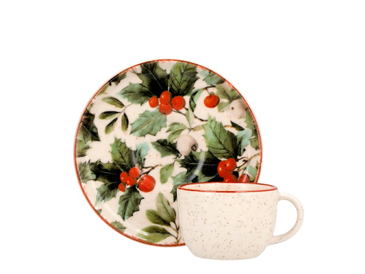 Set Tazza da Caffè Natalizia Magical Holly H&H in Stoneware con Piattino, 2 Pezzi, Capacità 115 ml, Decorazione Natalizia, Idea Regalo