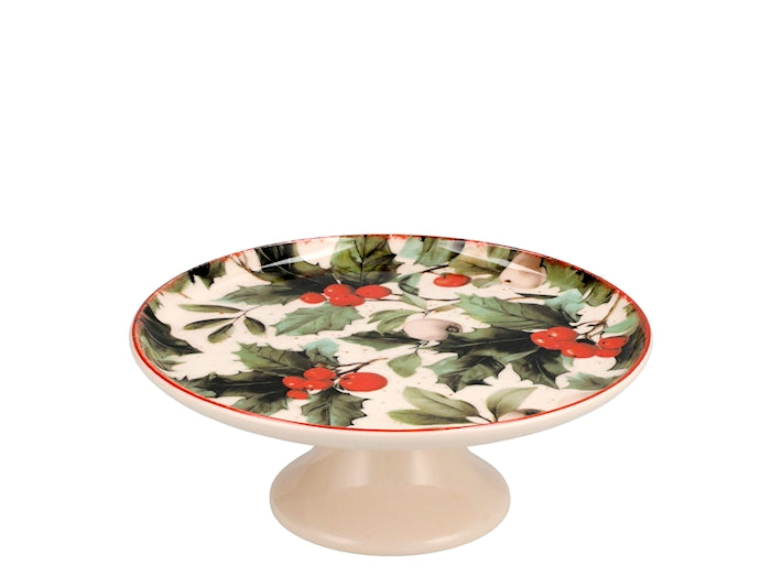 Alzata Natalizia Magical Holly in Stoneware Ø 26 cm - Piatto da Portata con Piedistallo, Decorazione Natalizia per Dolci, Torte e Dessert H&H