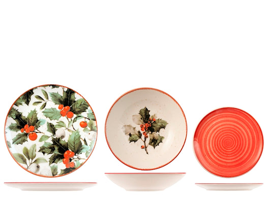 Servizio Piatti Natalizio Magical Holly 18 Pezzi in Stoneware - Set Tavola per 6 Persone con Piatti Piani, Fondi e Dessert, Design Coupe H&H