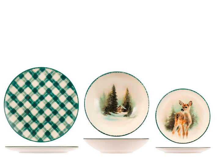Servizio Piatti Green Harmony 18 Pezzi in Stoneware - Set Tavola per 6 Persone con Piatti Piani, Fondi e Dessert, Design Coupe Elegante e Moderno H&H
