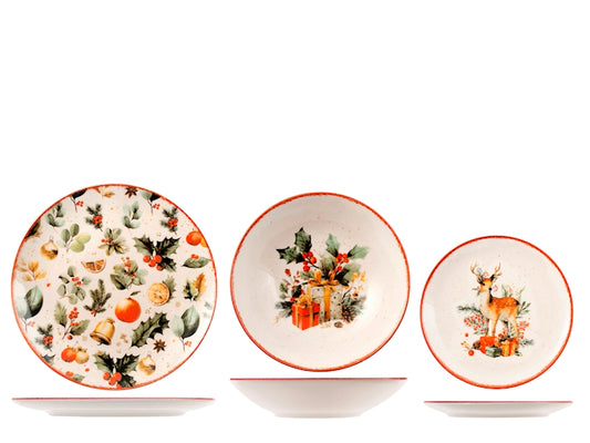 Servizio Piatti Natalizio Jingle Gifts 18 Pezzi in Stoneware - Set Tavola per 6 Persone con Piatti Piani, Fondi e Dessert, Design Coupe Elegante e Decorativo H&H