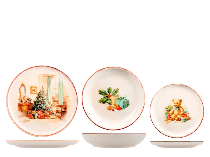 Servizio Piatti Natalizio Xmas Memories 18 Pezzi in Stoneware - Set Tavola per 6 Persone con Piatti Piani, Fondi e Dessert, Collezione Nordic Christmas H&H
