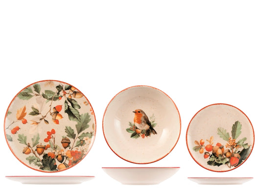 Servizio Piatti Crimson Leaves 18 Pezzi in Stoneware - Set Tavola per 6 Persone con Piatti Piani, Fondi e Dessert, Design Coupe Elegante e Decorativo H&H