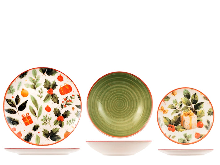Servizio Piatti Natalizio Festive Wishes 18 Pezzi in Stoneware - Set Tavola per 6 Persone con Piatti Piani, Fondi e Dessert, Design Coupe Elegante e Decorativo H&H
