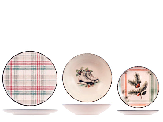Servizio Piatti Natalizio Holiday Dream 18 Pezzi in Stoneware - Set Tavola per 6 Persone con Piatti Piani, Fondi e Dessert, Design Coupe Elegante e Decorativo H&H