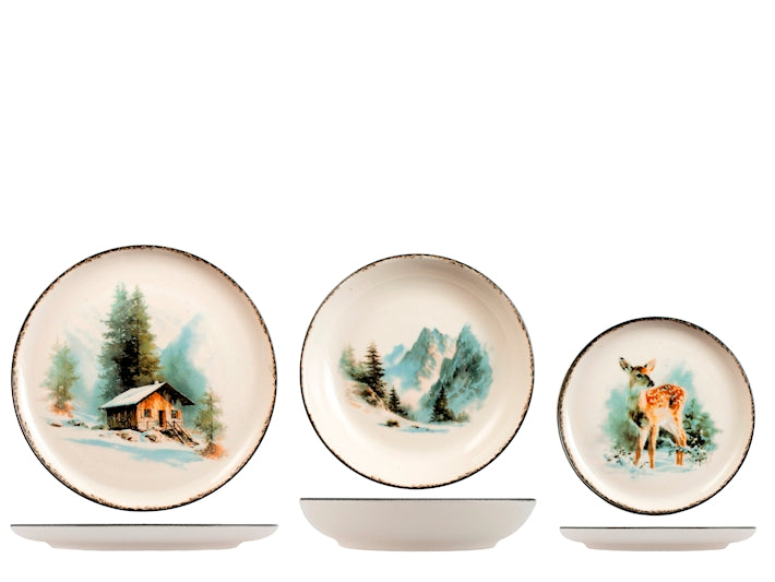 Servizio Piatti Natalizio Nordic Crystal Peak 18 Pezzi in Stoneware - Set Tavola per 6 Persone con Piatti Piani, Fondi e Dessert, Design Nordico Elegante H&H