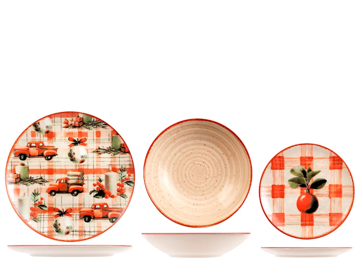 Servizio Piatti Natalizio Joyful Tradition 18 Pezzi in Stoneware - Set Tavola per 6 Persone con Piatti Piani, Fondi e Dessert, Design Coupe Elegante e Decorativo H&H