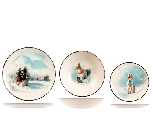 Servizio Piatti Natalizio Frost Morning 18 Pezzi in Stoneware - Set Tavola per 6 Persone con Piatti Piani, Fondi e Dessert, Design Coupe Elegante e Invernale H&H