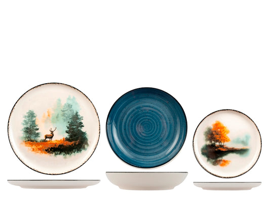 Servizio Piatti Natalizio Mystic Forest 18 Pezzi in Stoneware - Set Tavola per 6 Persone con Piatti Piani, Fondi e Dessert, Design Nordico Elegante e Decorativo H&H