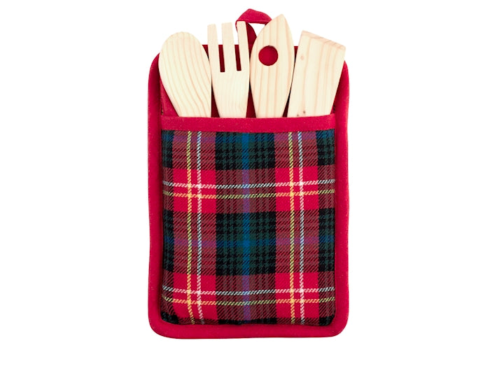 Porta mestoli tartan in 50% cotone riciclato e 50% poliestere contenente 4 mestoli in legno e 1 strofinaccio cm 70x50H&H