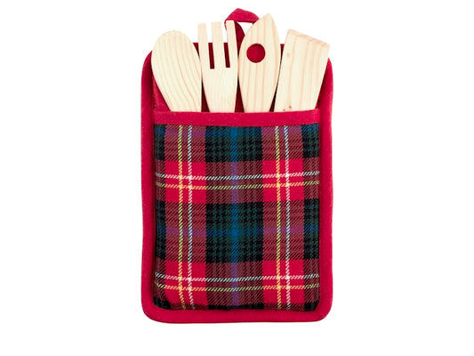 Porta mestoli tartan in 50% cotone riciclato e 50% poliestere contenente 4 mestoli in legno e 1 strofinaccio cm 70x50H&H