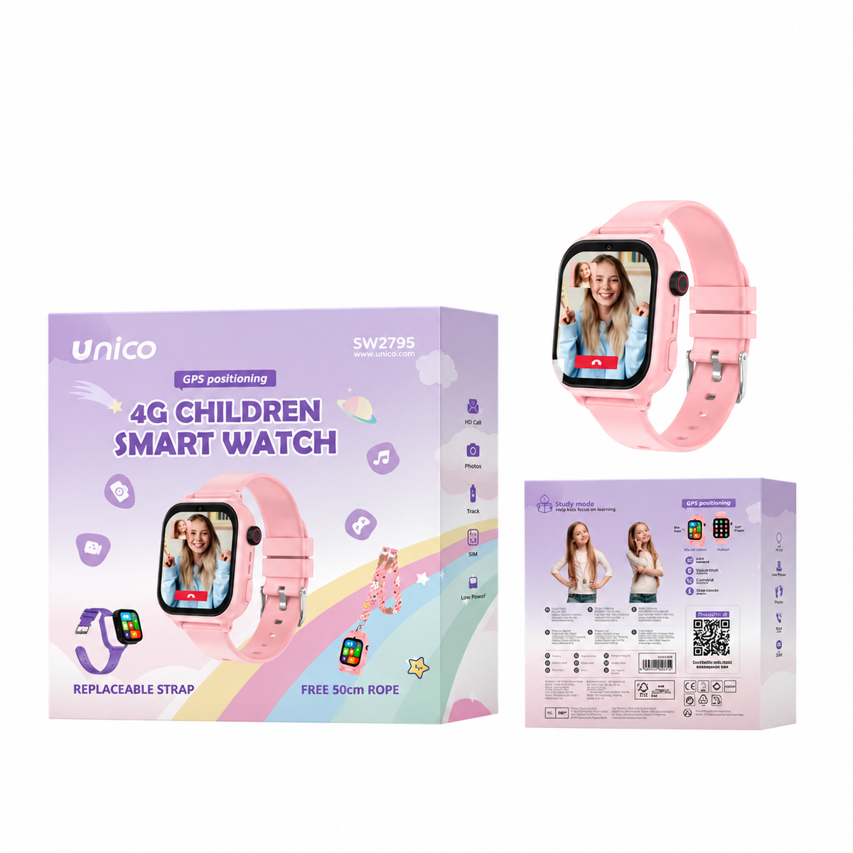 Unico SW2795 Smartwatch Bambini 4G con GPS e Display 1,83 Pollici, Batteria 750 mAh, Custodia in Silicone e Cordino, Rosa
