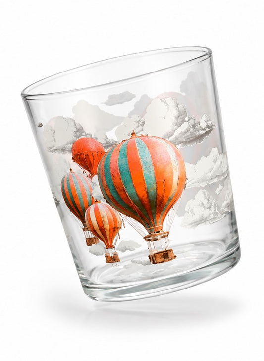 Set 3 Bicchieri Sky Voyager in Vetro da 35 cl - Bicchieri Acqua con Decorazione Mongolfiere Colorate e Nuvole, Design Originale per Tavola, Succhi e Bevande H&H