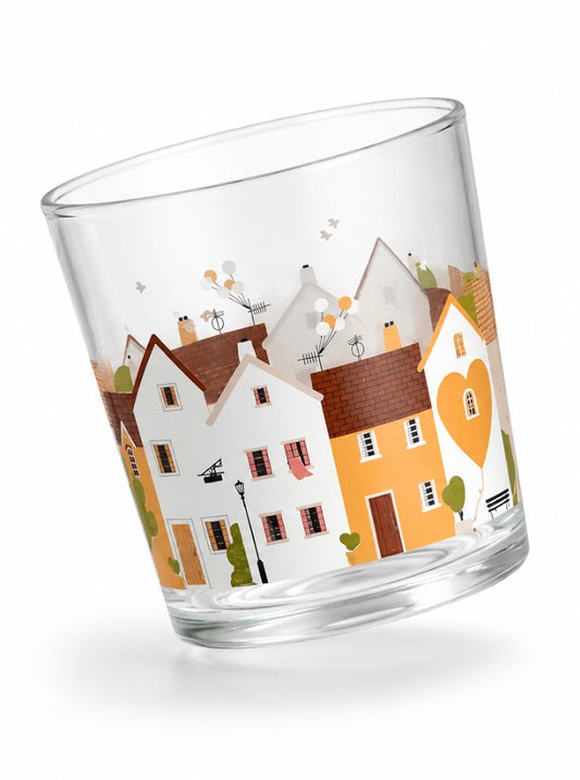 Set 3 Bicchieri Golden Alley in Vetro da 35 cl - Bicchieri Acqua con Decorazione Casette Colorate e Paesaggio Urbano, Design Originale per Tavola e Bevande H&H
