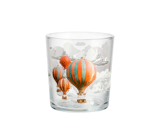 Set 3 Bicchieri Sky Voyager in Vetro da 35 cl - Bicchieri Acqua con Decorazione Mongolfiere Colorate e Nuvole, Design Originale per Tavola, Succhi e Bevande H&H
