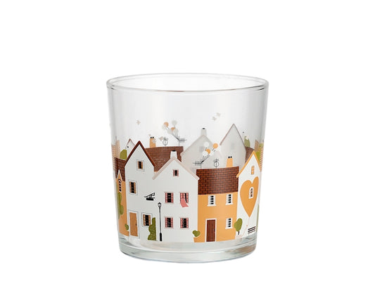 Set 3 Bicchieri Golden Alley in Vetro da 35 cl - Bicchieri Acqua con Decorazione Casette Colorate e Paesaggio Urbano, Design Originale per Tavola e Bevande H&H