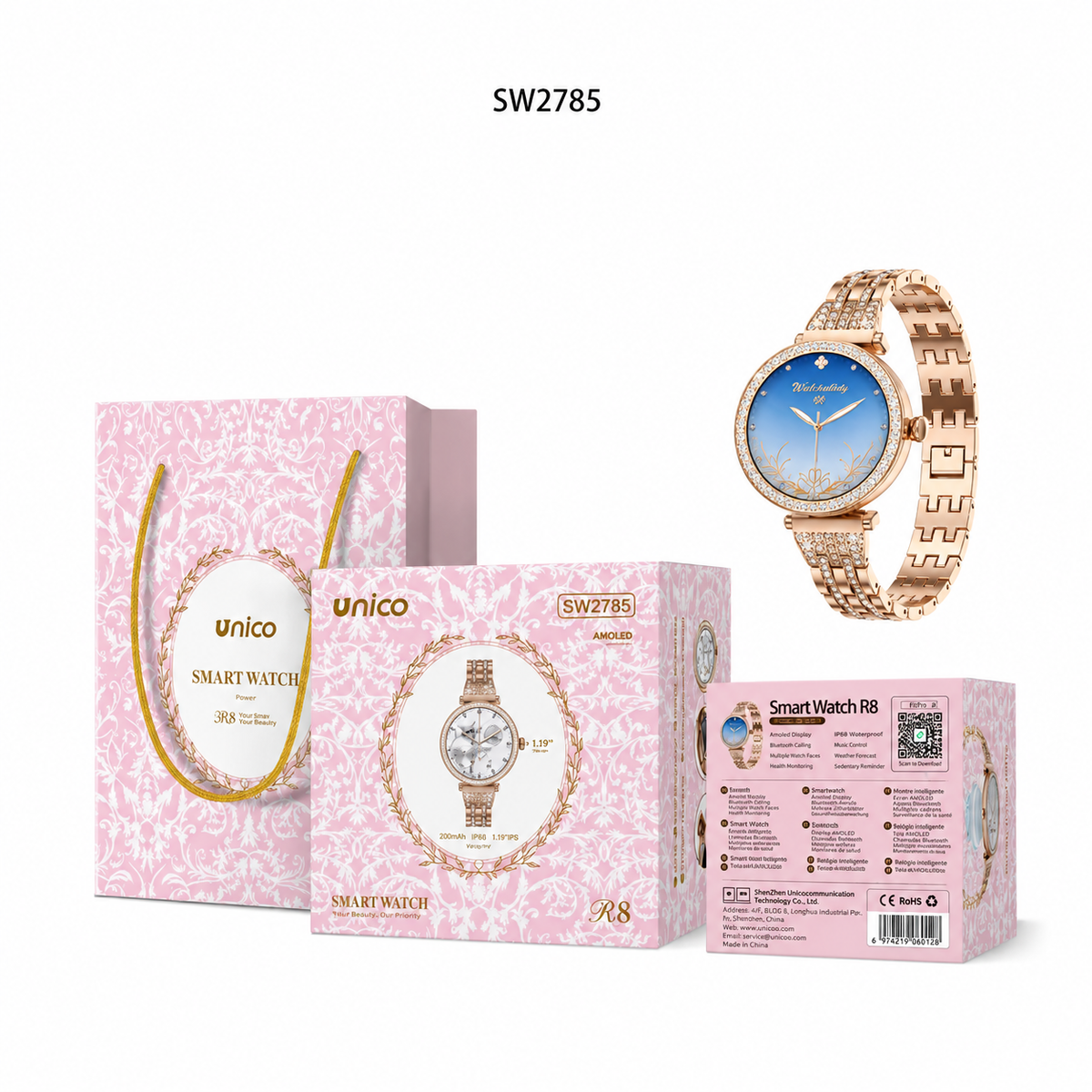 Smartwatch Bluetooth R8 Dafit SW2785 con Display AMOLED, Cinturino Metallico Elegante e Dettagli Brillanti Effetto Diamante