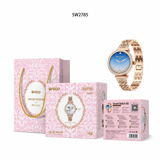 Smartwatch Bluetooth R8 Dafit SW2785 con Display AMOLED, Cinturino Metallico Elegante e Dettagli Brillanti Effetto Diamante