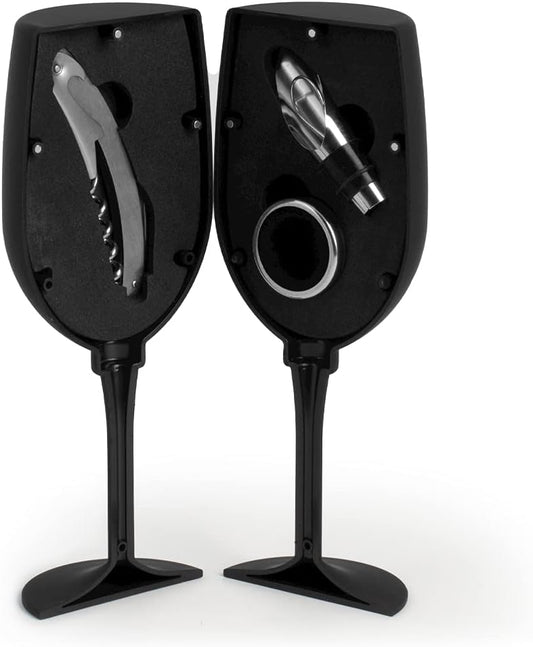 Cofanetto 4 pezzi somelier forma di calice colore nero con gadget.H&H