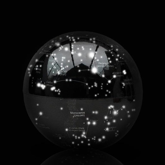 Cielo notturno rotante: globo luminoso con costellazioni.