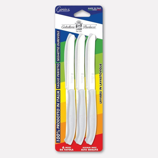 Conf 6 coltelli da tavola con manico bianco, lama inox seghettata 11 cm