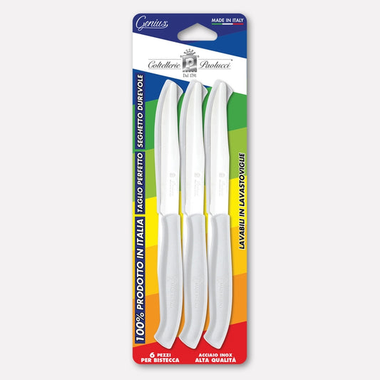 Conf 6 coltelli bistecca con manico bianco, lama inox seghettata 11 cm