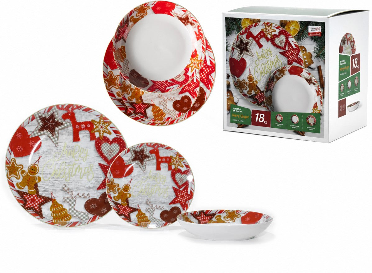 Servizio Piatti Natalizio Merry Ginger 18 Pezzi in Porcellana Decorata per 6 Persone
