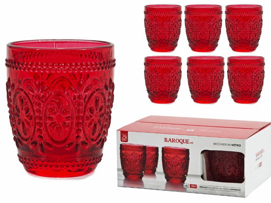 Set 6 Bicchieri Baroque in Vetro Rosso da 30 cl Gusto Casa con Decorazioni Floreali in Rilievo
