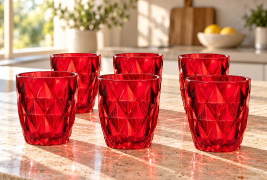 Set 6 Bicchieri in Vetro Rosso Spectra  da 30 cl  Gusto Casa con Lavorazione Geometrica in Rilievo
