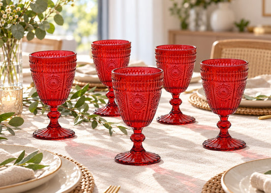 Set 6 Calici in Vetro Rosso Cesareo da 30 cl Gusto Casa  con Decori in Rilievo, Eleganti Bicchieri con Gambo