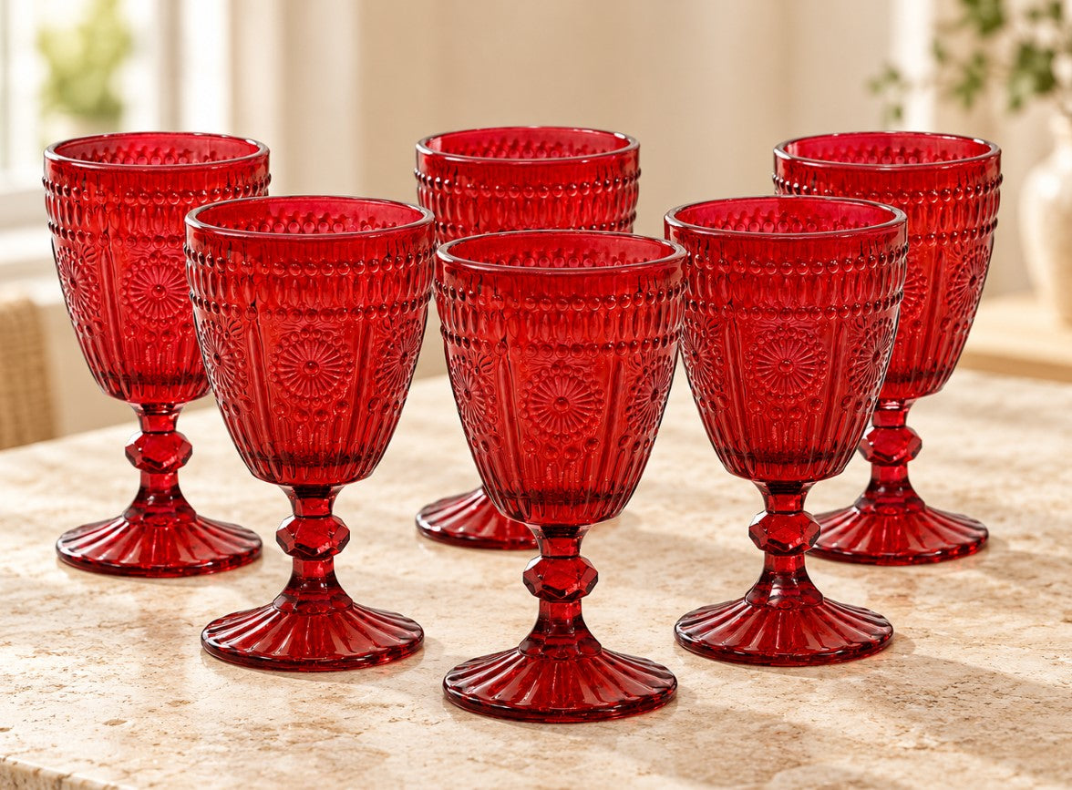 Set 6 Calici in Vetro Rosso Cesareo da 30 cl Gusto Casa  con Decori in Rilievo, Eleganti Bicchieri con Gambo