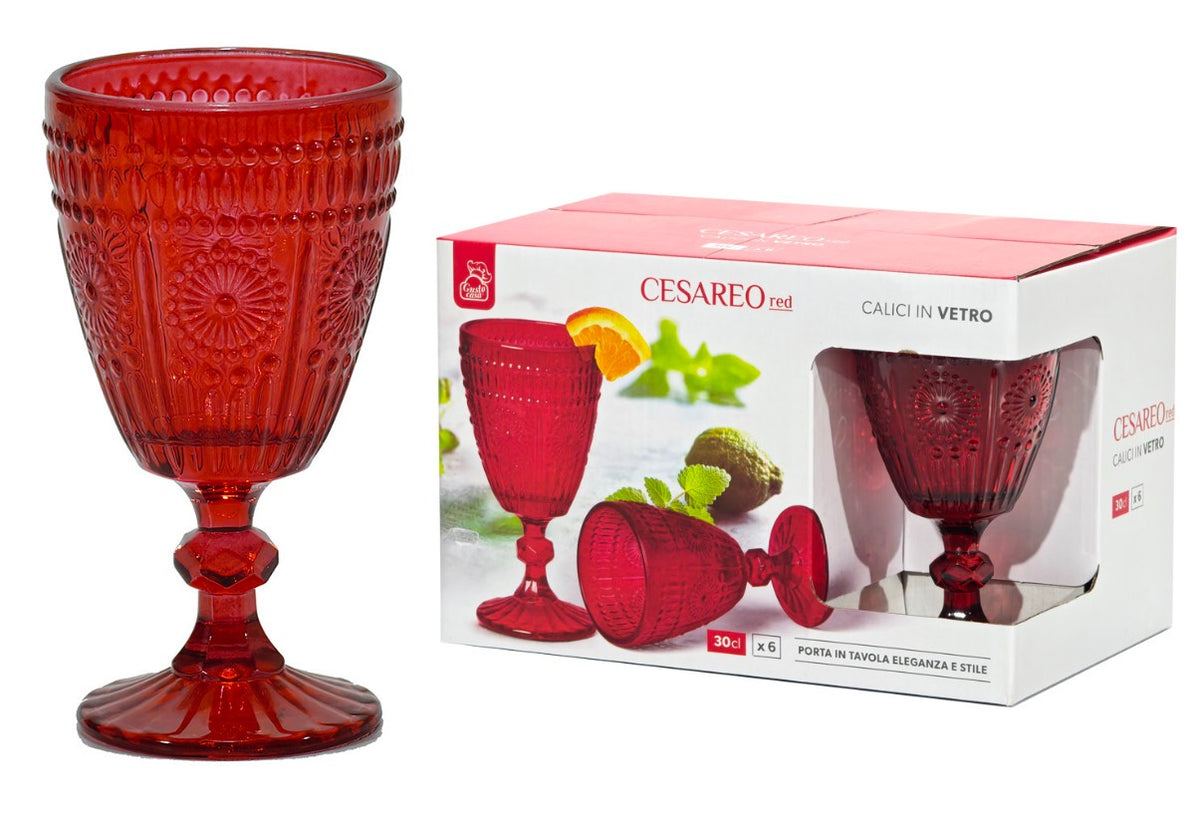 Set 6 Calici in Vetro Rosso Cesareo da 30 cl Gusto Casa  con Decori in Rilievo, Eleganti Bicchieri con Gambo