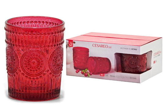 Set 6 Bicchieri Cesareo in Vetro Rosso da 30 cl Gusto Casa con Decorazioni Floreali in Rilievo, per Acqua e Bevande