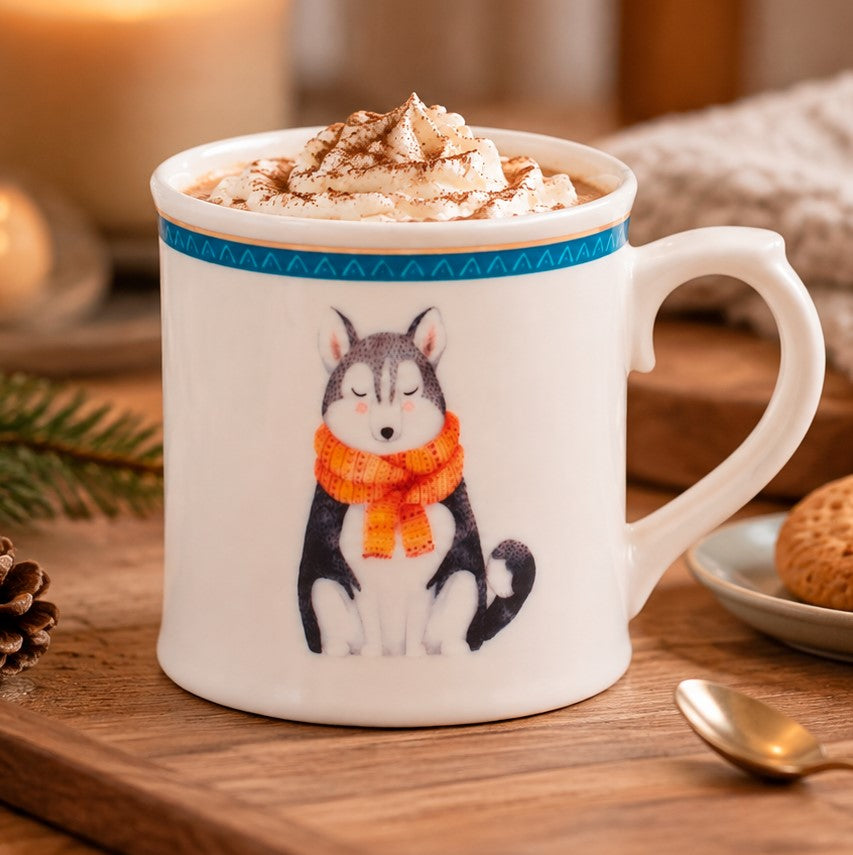 Mug NBC Winter Lupo in Ceramica da 350 ml - Tazza Invernale con Decorazione Lupo e Sciarpa Arancione H&H
