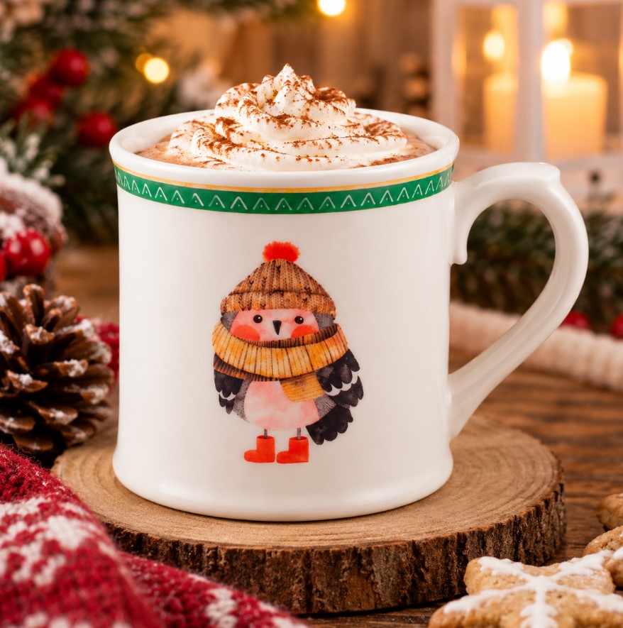 Mug NBC Winter Gufo 350 ml in Ceramica Bianca con Decorazione Invernale, Cappello e Sciarpa, Idea Regalo Natalizia H&H